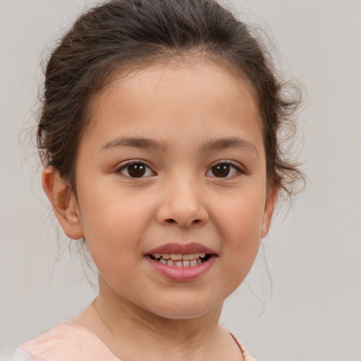 Joyful white child female with medium  brown hair and brown eyes