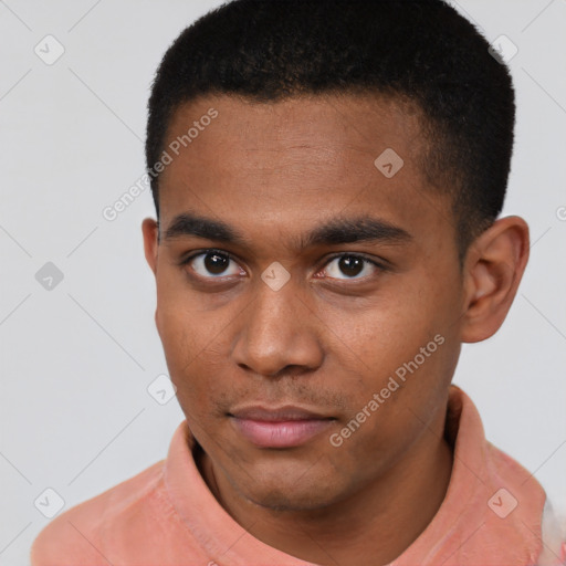 Neutral latino young-adult male with short  black hair and brown eyes