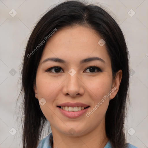 Joyful asian young-adult female with medium  brown hair and brown eyes