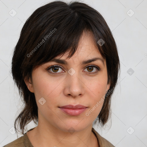 Neutral white young-adult female with medium  brown hair and brown eyes