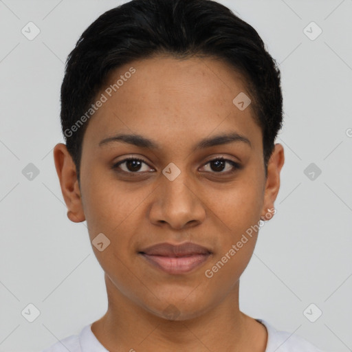 Joyful latino young-adult female with short  brown hair and brown eyes