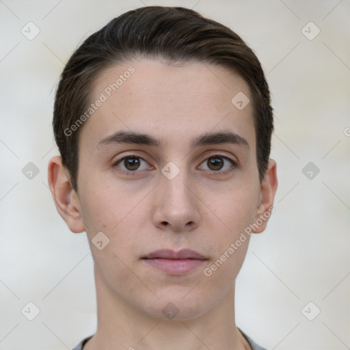 Neutral white young-adult male with short  brown hair and brown eyes