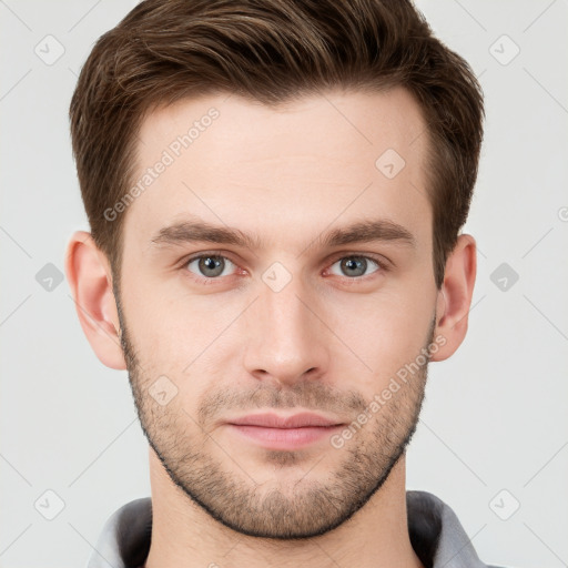 Neutral white young-adult male with short  brown hair and grey eyes