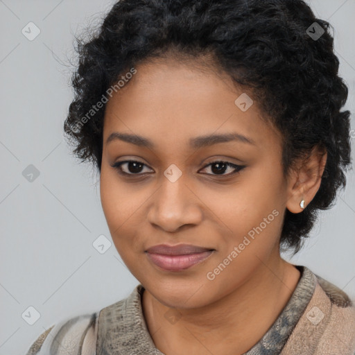 Joyful latino young-adult female with short  black hair and brown eyes