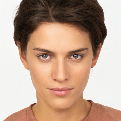 Neutral white young-adult female with short  brown hair and brown eyes