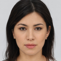 Neutral asian young-adult female with long  brown hair and brown eyes