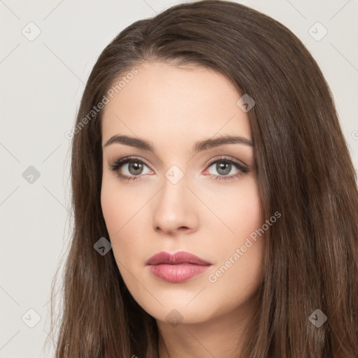 Neutral white young-adult female with long  brown hair and brown eyes