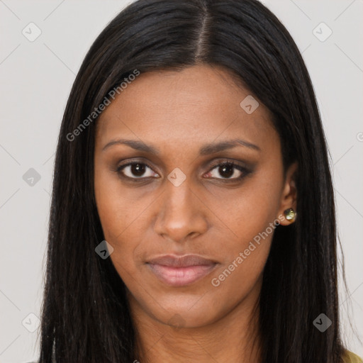 Joyful asian young-adult female with long  black hair and brown eyes