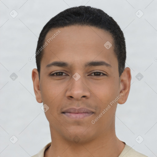 Neutral latino young-adult male with short  black hair and brown eyes