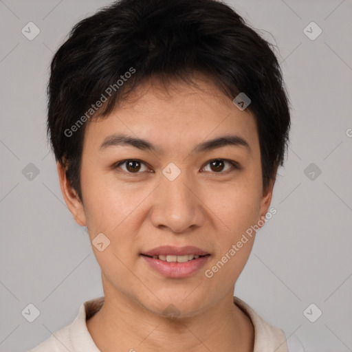 Joyful white young-adult female with short  brown hair and brown eyes