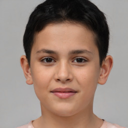 Joyful white child female with short  brown hair and brown eyes