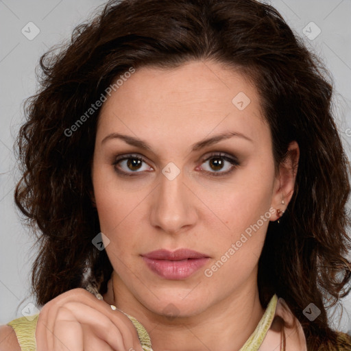 Neutral white young-adult female with medium  brown hair and brown eyes