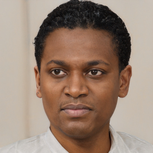 Neutral black young-adult male with short  black hair and brown eyes