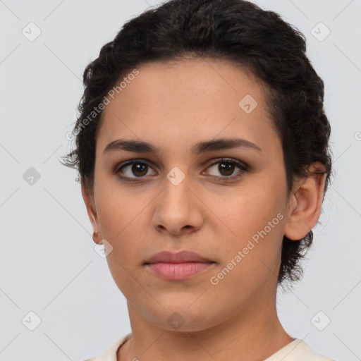 Neutral white young-adult female with short  brown hair and brown eyes