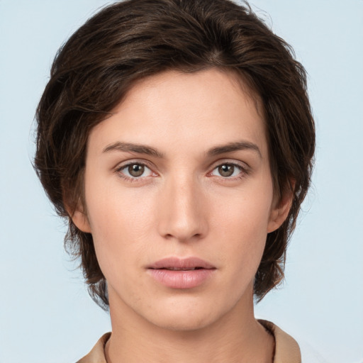 Neutral white young-adult female with medium  brown hair and brown eyes