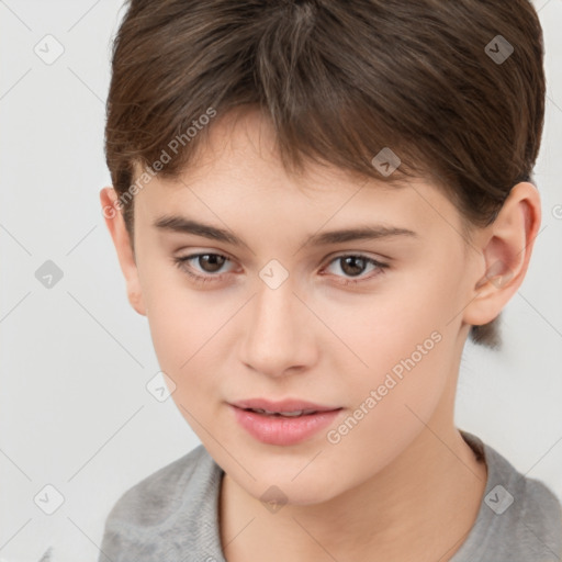 Joyful white child female with short  brown hair and brown eyes