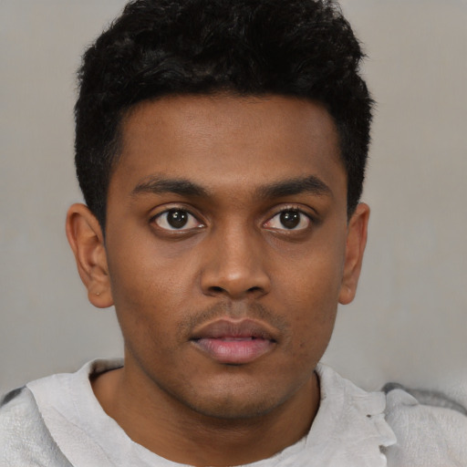 Neutral black young-adult male with short  black hair and brown eyes