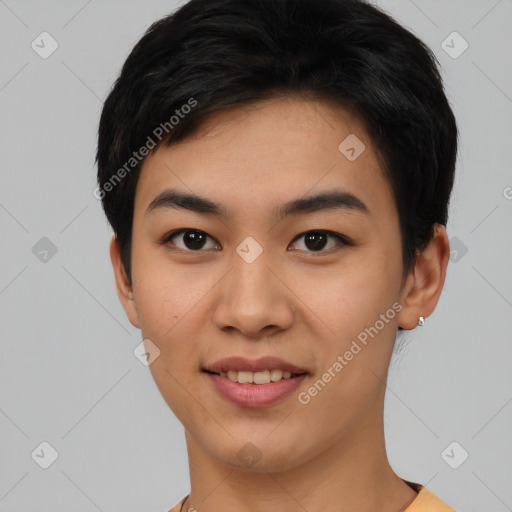 Joyful asian young-adult female with short  black hair and brown eyes