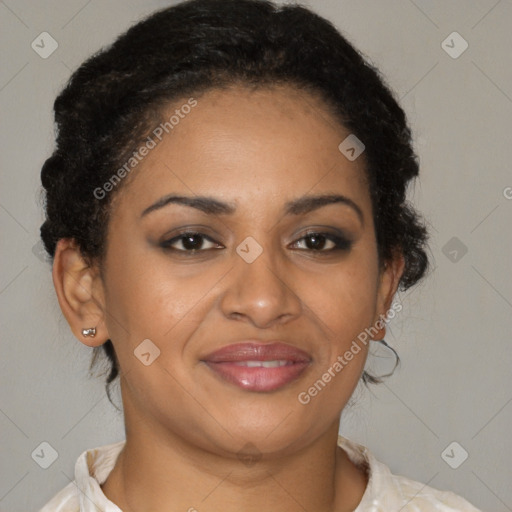 Joyful latino young-adult female with short  brown hair and brown eyes