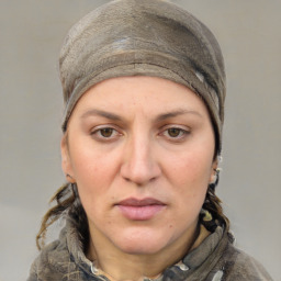 Joyful white adult female with medium  brown hair and grey eyes