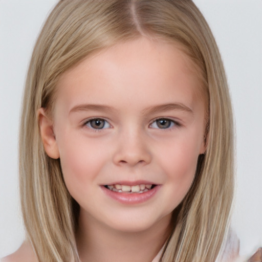 Joyful white child female with medium  brown hair and brown eyes