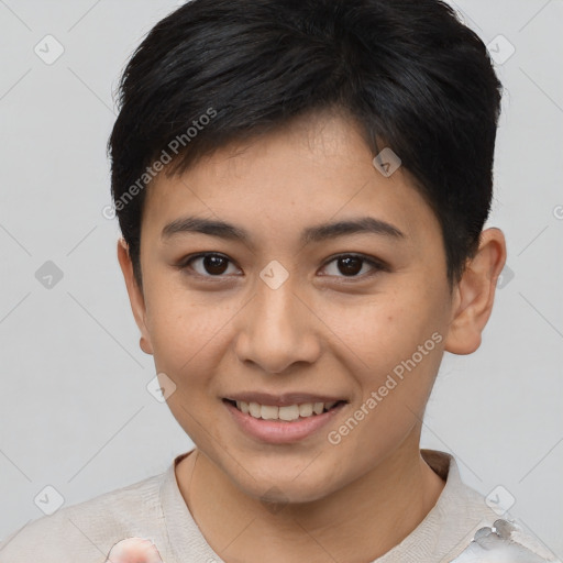 Joyful asian young-adult female with short  brown hair and brown eyes