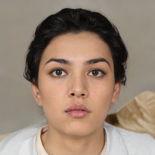 Neutral asian young-adult female with medium  black hair and brown eyes