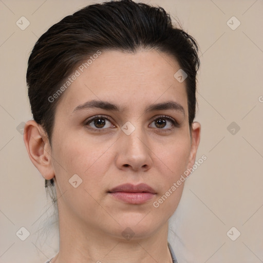 Neutral white young-adult female with medium  brown hair and brown eyes