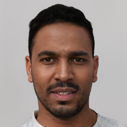 Neutral black young-adult male with short  black hair and brown eyes