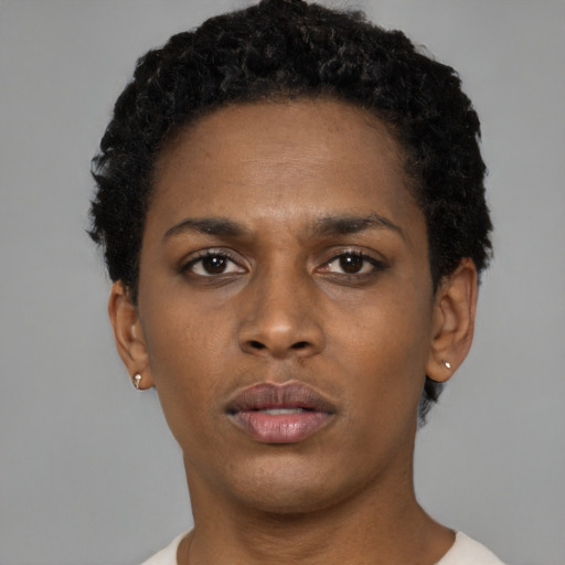 Neutral black young-adult female with short  brown hair and brown eyes