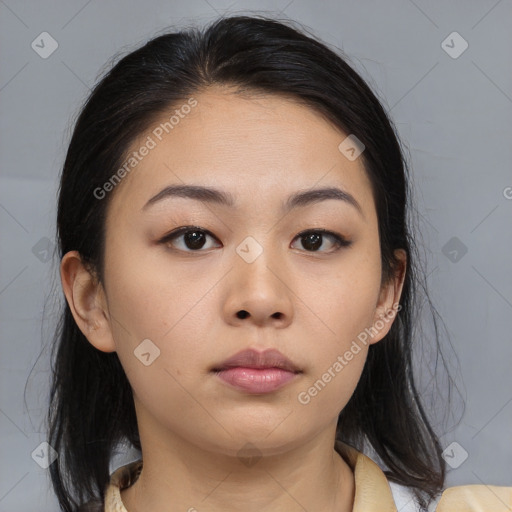 Neutral asian young-adult female with medium  brown hair and brown eyes