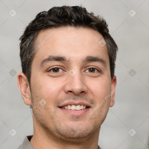 Joyful white young-adult male with short  brown hair and brown eyes