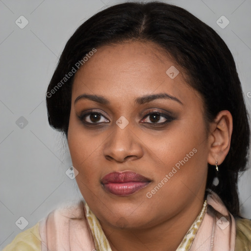 Joyful latino young-adult female with long  brown hair and brown eyes