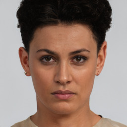 Neutral white young-adult female with short  brown hair and brown eyes