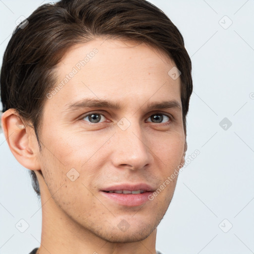 Neutral white young-adult male with short  brown hair and brown eyes