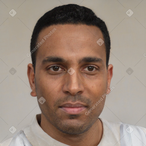 Neutral black young-adult male with short  black hair and brown eyes
