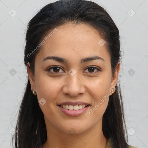 Joyful white young-adult female with long  brown hair and brown eyes