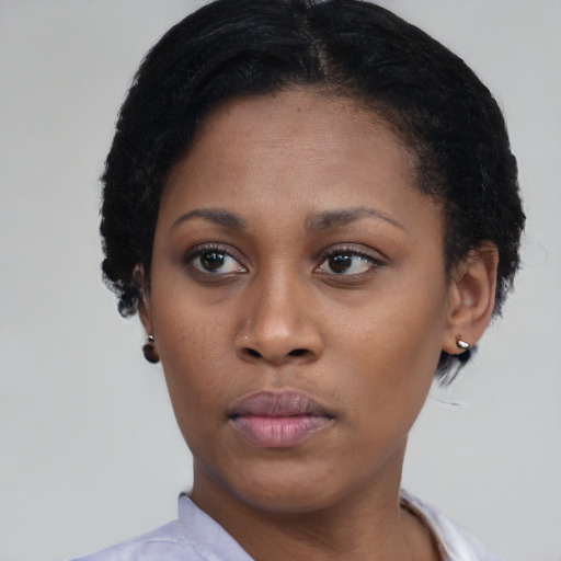 Neutral black young-adult female with short  black hair and brown eyes