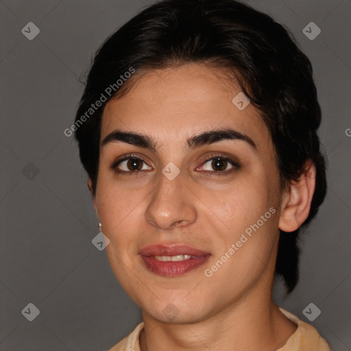 Joyful white young-adult female with short  brown hair and brown eyes