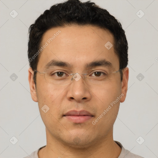 Neutral asian young-adult male with short  black hair and brown eyes