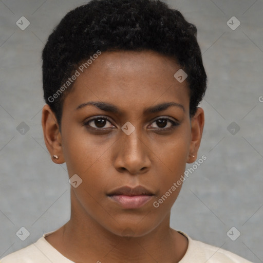 Neutral black young-adult female with short  brown hair and brown eyes