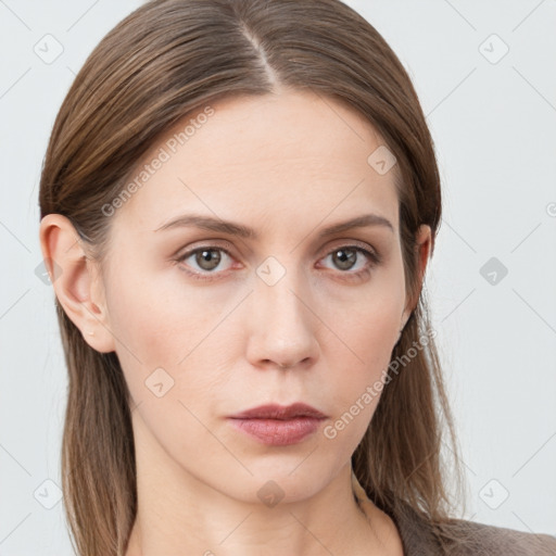 Neutral white young-adult female with long  brown hair and grey eyes