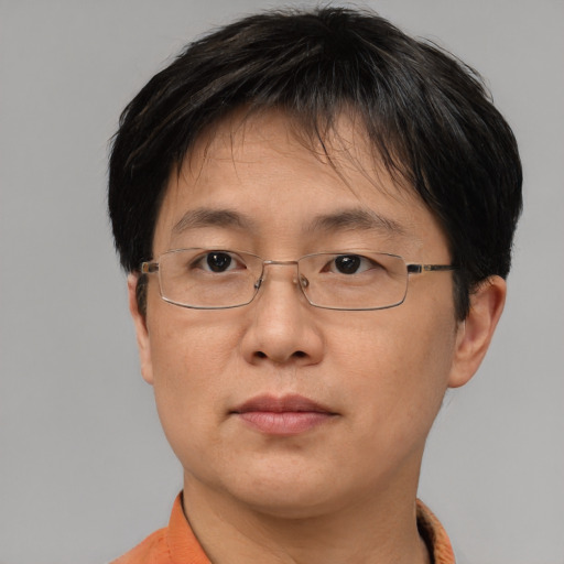 Neutral asian adult male with short  brown hair and brown eyes
