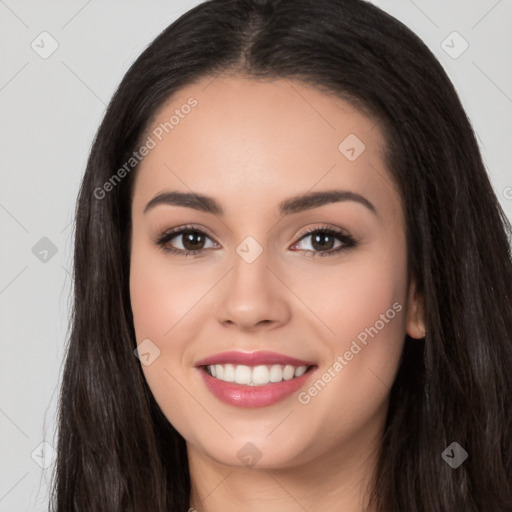 Joyful white young-adult female with long  black hair and brown eyes