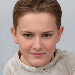 Joyful white young-adult female with short  brown hair and blue eyes