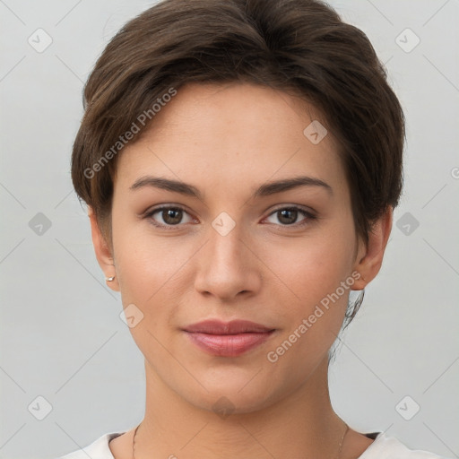 Joyful white young-adult female with short  brown hair and brown eyes