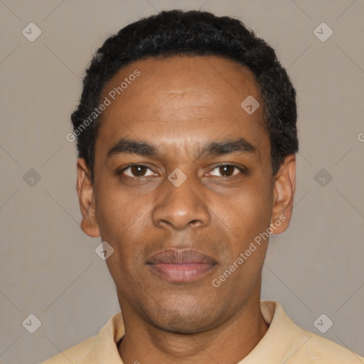 Neutral black young-adult male with short  black hair and brown eyes
