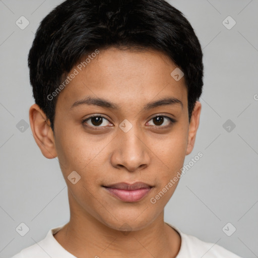 Joyful latino young-adult female with short  brown hair and brown eyes