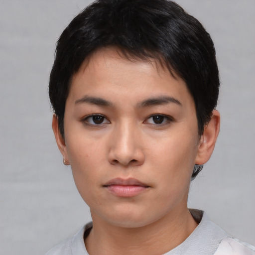 Neutral asian young-adult female with short  black hair and brown eyes