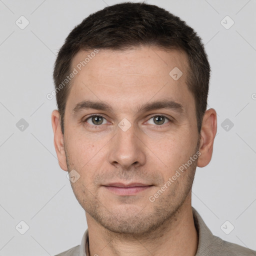 Neutral white young-adult male with short  brown hair and brown eyes